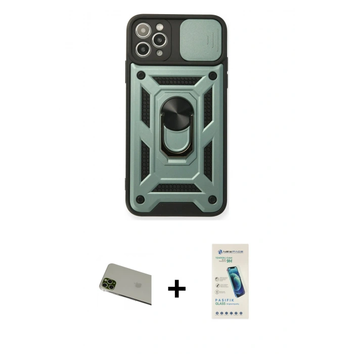 MARSİLYAN™- iPhone 11 Pro Max Kılıf Ahenk Klasik - Şeffaf Pasifik Cam Ekran Koruyucu + Rainbow Kamera Lens Koruma Cam - YL