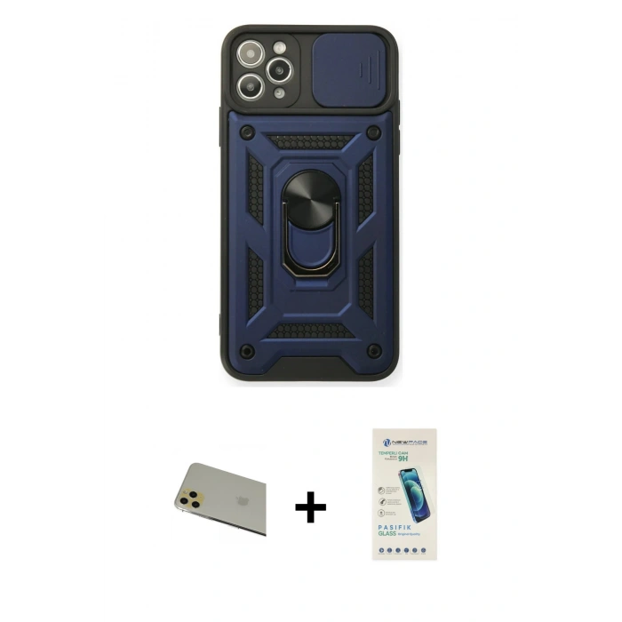 MARSİLYAN™- iPhone 11 Pro Max Kılıf Ahenk Klasik - Şeffaf Pasifik Cam Ekran Koruyucu + Rainbow Kamera Lens Koruma Cam - GD