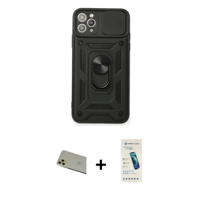 MARSİLYAN™- iPhone 11 Pro Max Kılıf Ahenk Klasik - Şeffaf Pasifik Cam Ekran Koruyucu + Rainbow Kamera Lens Koruma Cam - GD