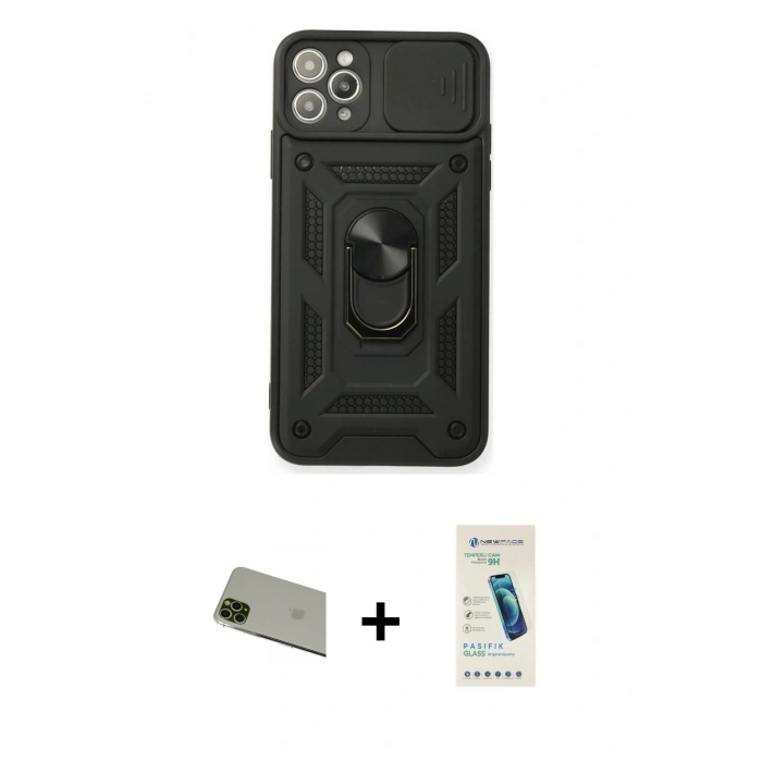 MARSİLYAN™- iPhone 11 Pro Max Kılıf Ahenk Klasik - Şeffaf Pasifik Cam Ekran Koruyucu + Rainbow Kamera Lens Koruma Cam - YL