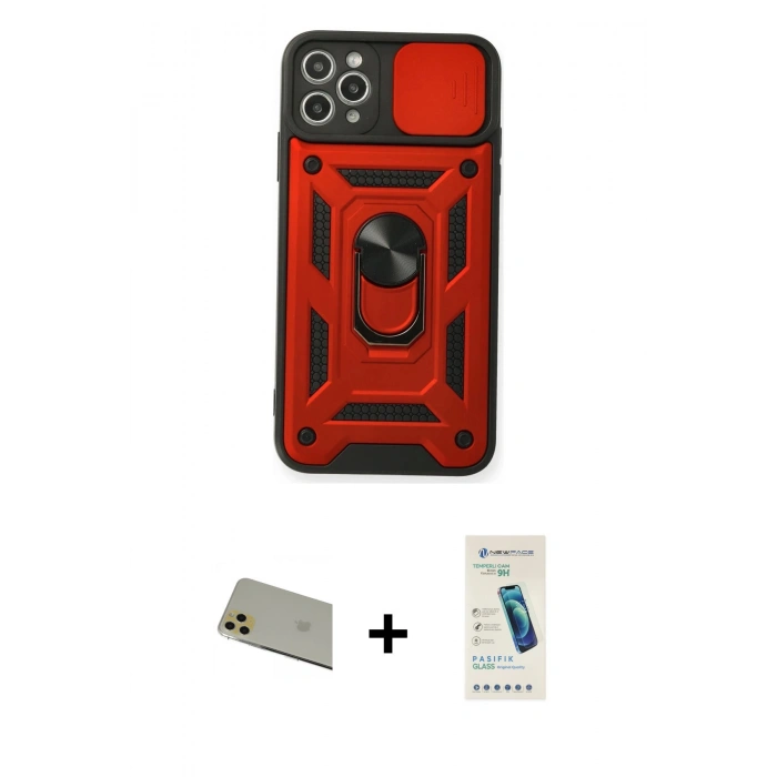 MARSİLYAN™- iPhone 11 Pro Max Kılıf Ahenk Klasik - Şeffaf Pasifik Cam Ekran Koruyucu + Rainbow Kamera Lens Koruma Cam - GD