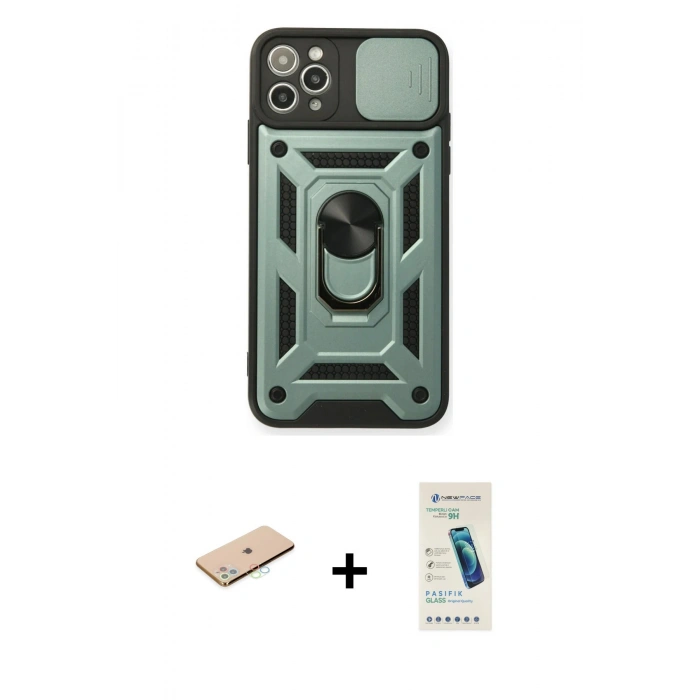 MARSİLYAN™- iPhone 11 Pro Max Kılıf Ahenk Klasik - Şeffaf Pasifik Cam Ekran Koruyucu + Renkli Kamera Lens Koruma Cam - MI
