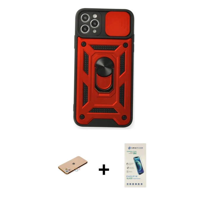MARSİLYAN™- iPhone 11 Pro Max Kılıf Ahenk Klasik - Şeffaf Pasifik Cam Ekran Koruyucu + Renkli Kamera Lens Koruma Cam - PE