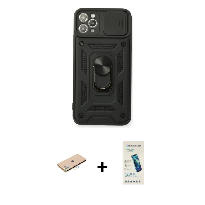 MARSİLYAN™- iPhone 11 Pro Max Kılıf Ahenk Klasik - Şeffaf Pasifik Cam Ekran Koruyucu + Renkli Kamera Lens Koruma Cam - MI