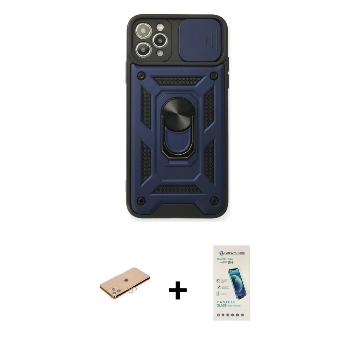 MARSİLYAN™- iPhone 11 Pro Max Kılıf Ahenk Klasik - Şeffaf Pasifik Cam Ekran Koruyucu + Renkli Kamera Lens Koruma Cam - PE