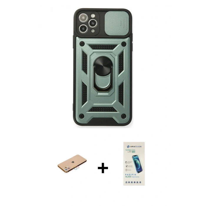 MARSİLYAN™- iPhone 11 Pro Max Kılıf Ahenk Klasik - Şeffaf Pasifik Cam Ekran Koruyucu + Renkli Kamera Lens Koruma Cam - PE