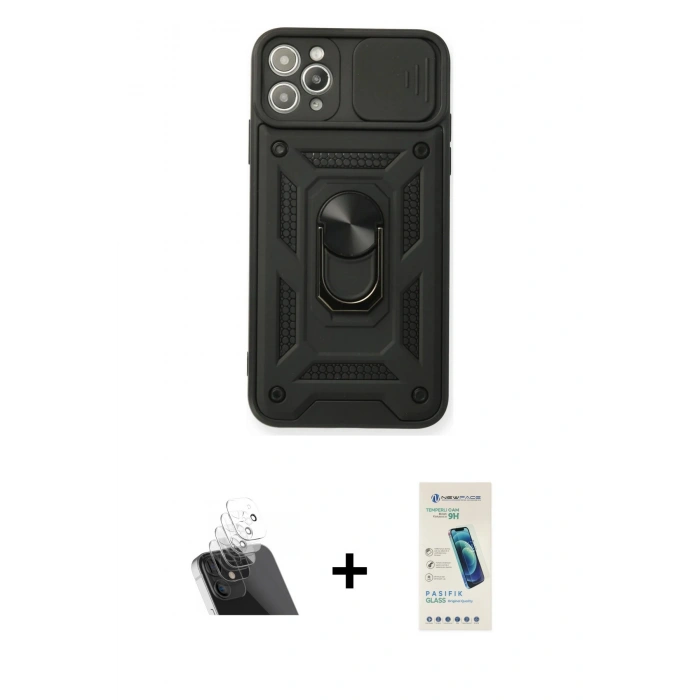 MARSİLYAN™- iPhone 11 Pro Max Kılıf Ahenk Klasik - Şeffaf Pasifik Cam Ekran Koruyucu + Kamera Lens Koruma Cam - SF