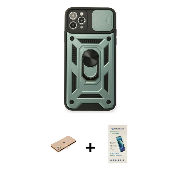 MARSİLYAN™- iPhone 11 Pro Max Kılıf Ahenk Klasik - Şeffaf Pasifik Cam Ekran Koruyucu + Renkli Kamera Lens Koruma Cam - TU