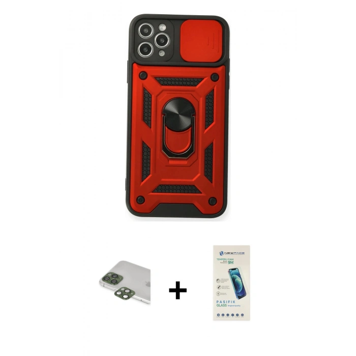 MARSİLYAN™- iPhone 11 Pro Max Kılıf Ahenk Klasik - Şeffaf Pasifik Cam Ekran Koruyucu + Yeşil Pers Alüminyum Kamera Lens