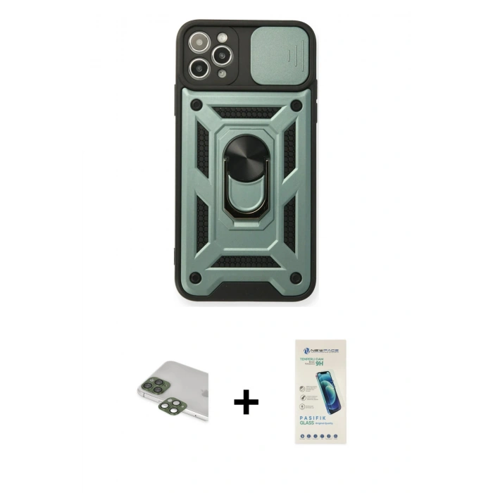 MARSİLYAN™- iPhone 11 Pro Max Kılıf Ahenk Klasik - Şeffaf Pasifik Cam Ekran Koruyucu + Yeşil Pers Alüminyum Kamera Lens