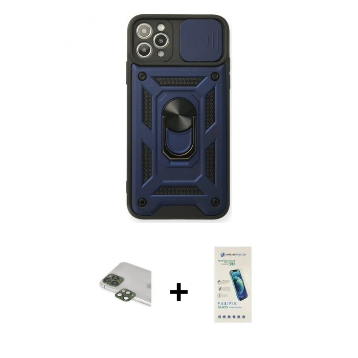 MARSİLYAN™- iPhone 11 Pro Max Kılıf Ahenk Klasik - Şeffaf Pasifik Cam Ekran Koruyucu + Yeşil Pers Alüminyum Kamera Lens