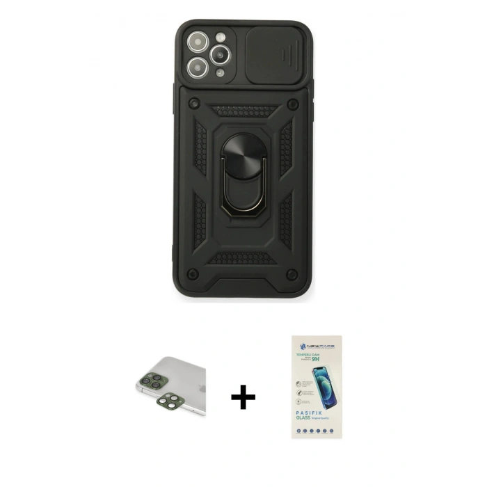 MARSİLYAN™- iPhone 11 Pro Max Kılıf Ahenk Klasik - Şeffaf Pasifik Cam Ekran Koruyucu + Yeşil Pers Alüminyum Kamera Lens