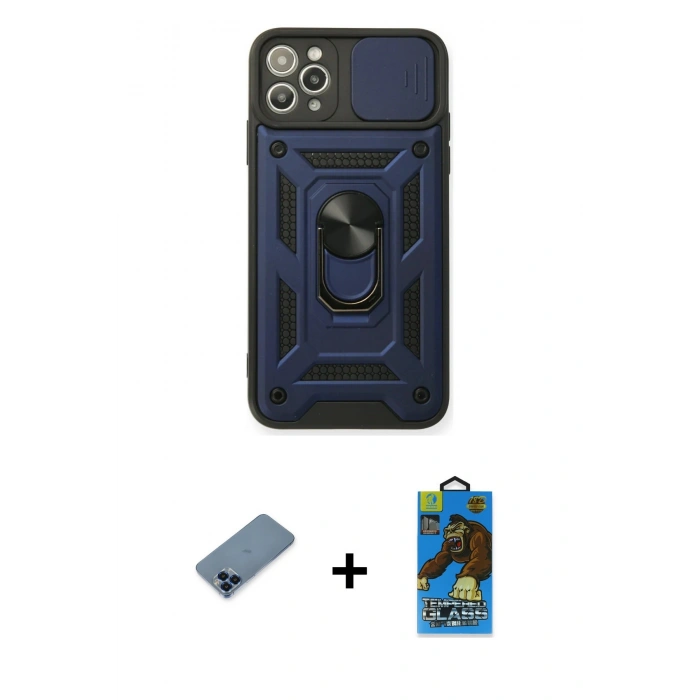 MARSİLYAN™- iPhone 11 Pro Max Kılıf Ahenk Klasik - Siyah 18D Cam Ekran Koruyucu + Metal Kamera Lens Koruma Cam - MI
