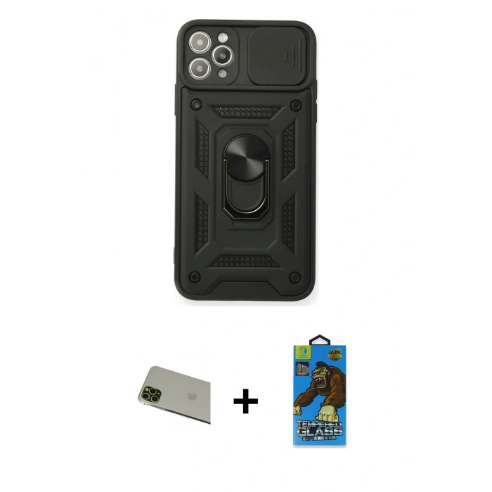 MARSİLYAN™- iPhone 11 Pro Max Kılıf Ahenk Klasik - Siyah 18D Cam Ekran Koruyucu + Rainbow Kamera Lens Koruma Cam - YL