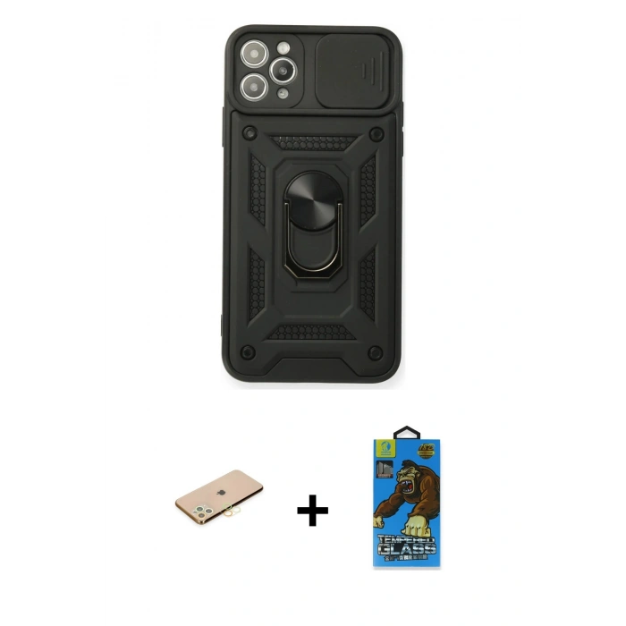MARSİLYAN™- iPhone 11 Pro Max Kılıf Ahenk Klasik - Siyah 18D Cam Ekran Koruyucu + Renkli Kamera Lens Koruma Cam - SI