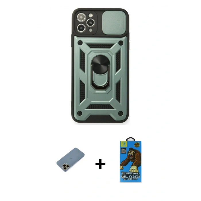 MARSİLYAN™- iPhone 11 Pro Max Kılıf Ahenk Klasik - Siyah 18D Cam Ekran Koruyucu + Shine Kamera Lens Koruma Cam - GD