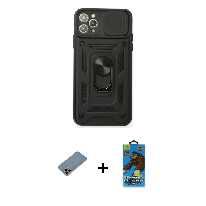 MARSİLYAN™- iPhone 11 Pro Max Kılıf Ahenk Klasik - Siyah 18D Cam Ekran Koruyucu + Shine Kamera Lens Koruma Cam - GD