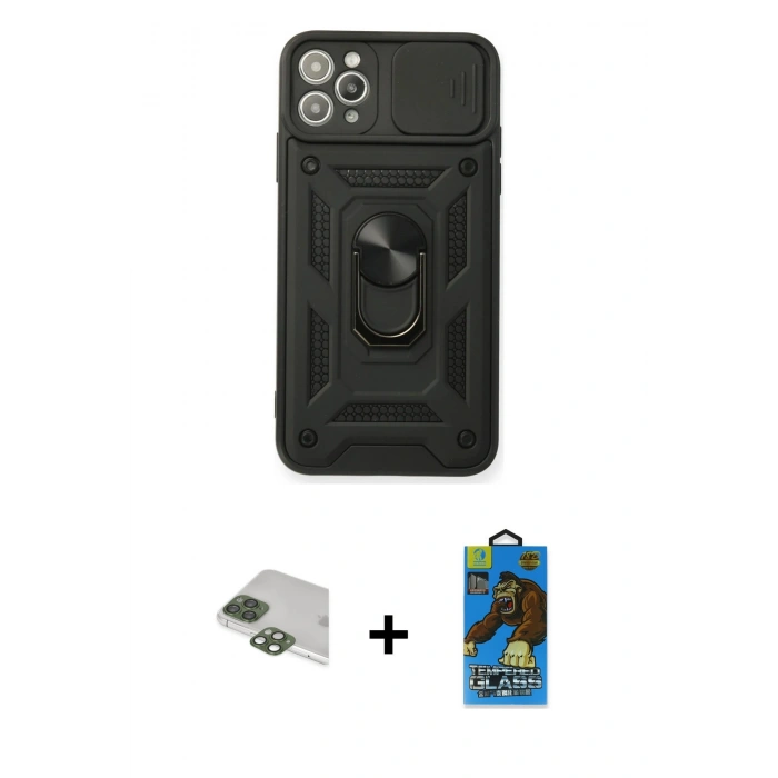 MARSİLYAN™- iPhone 11 Pro Max Kılıf Ahenk Klasik - Siyah 18D Cam Ekran Koruyucu + Pers Alüminyum Kamera Lens - YL