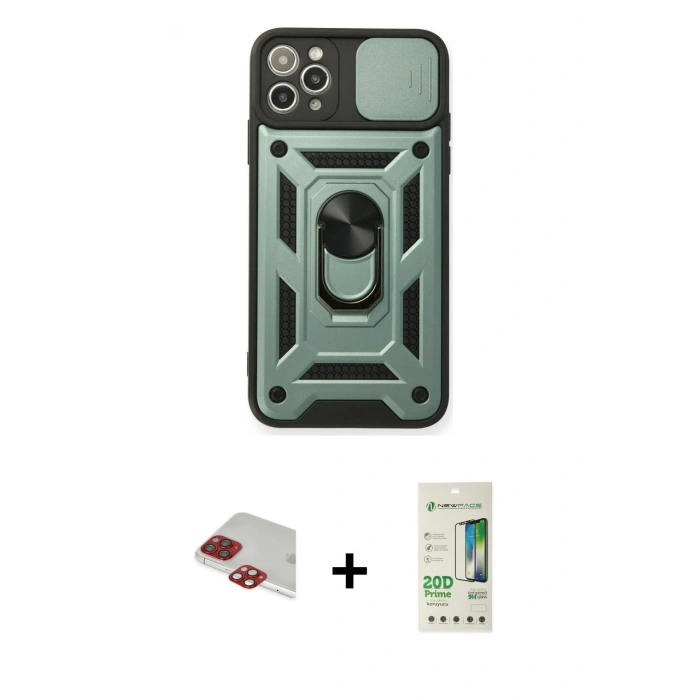 MARSİLYAN™- iPhone 11 Pro Max Kılıf Ahenk Klasik - Siyah 20D Premium Cam Ekran Koruyucu + Kırmızı Pers Alüminyum Kamera Lens