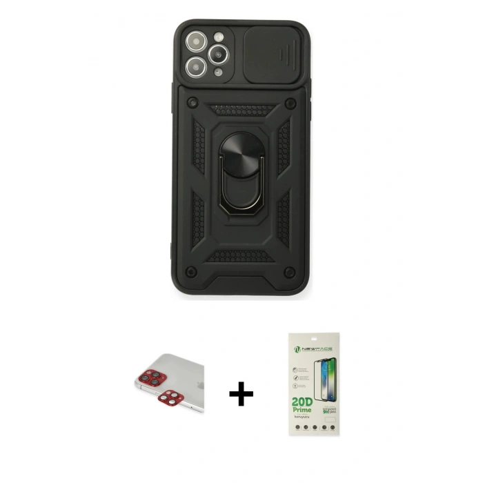 MARSİLYAN™- iPhone 11 Pro Max Kılıf Ahenk Klasik - Siyah 20D Premium Cam Ekran Koruyucu + Kırmızı Pers Alüminyum Kamera Lens