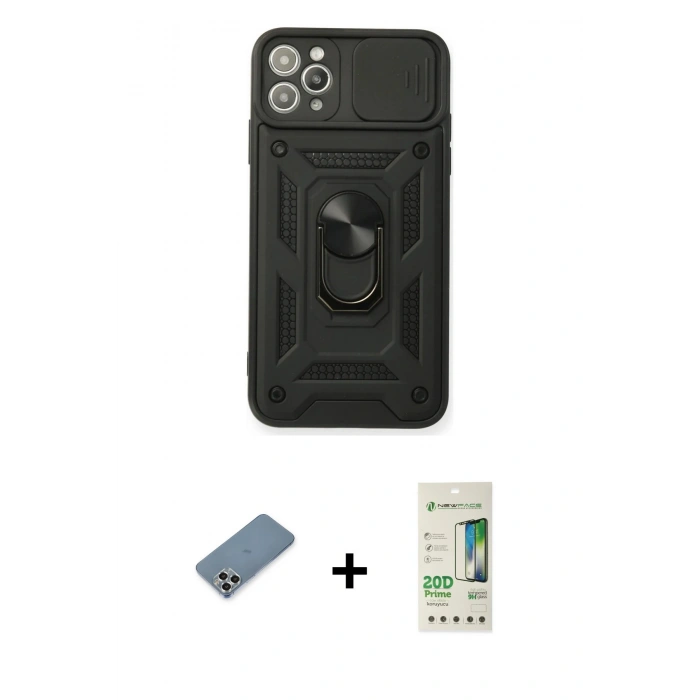 MARSİLYAN™- iPhone 11 Pro Max Kılıf Ahenk Klasik - Siyah 20D Premium Cam Ekran Koruyucu + Metal Kamera Lens Koruma Cam - GS