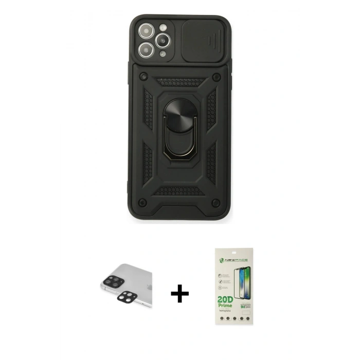 MARSİLYAN™- iPhone 11 Pro Max Kılıf Ahenk Klasik - Siyah 20D Premium Cam Ekran Koruyucu + Pers Alüminyum Kamera Lens - SH