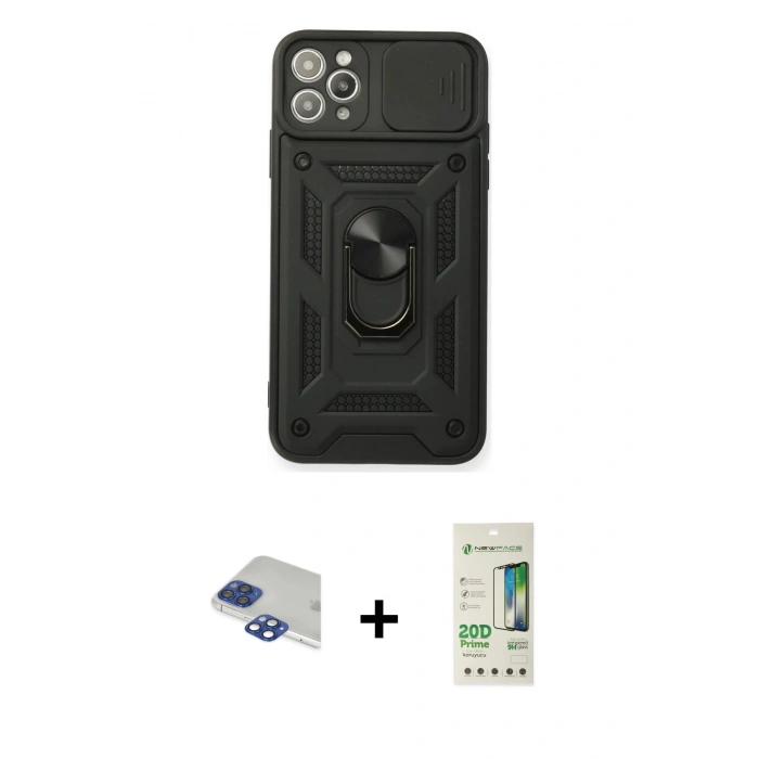 MARSİLYAN™- iPhone 11 Pro Max Kılıf Ahenk Klasik - Siyah 20D Premium Cam Ekran Koruyucu + Pers Alüminyum Kamera Lens - LT