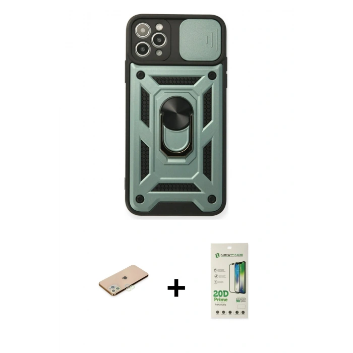 MARSİLYAN™- iPhone 11 Pro Max Kılıf Ahenk Klasik - Siyah 20D Premium Cam Ekran Koruyucu + Renkli Kamera Lens Koruma Cam - YL