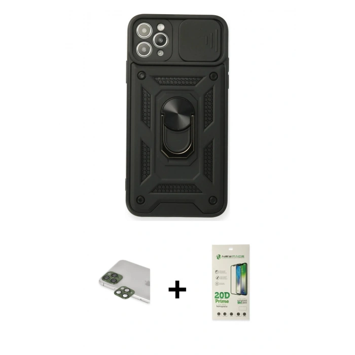 MARSİLYAN™- iPhone 11 Pro Max Kılıf Ahenk Klasik - Siyah 20D Premium Cam Ekran Koruyucu + Pers Alüminyum Kamera Lens - YL