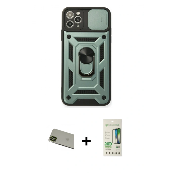 MARSİLYAN™- iPhone 11 Pro Max Kılıf Ahenk Klasik - Siyah 20D Premium Cam Ekran Koruyucu + Rainbow Kamera Lens Koruma Cam - YL
