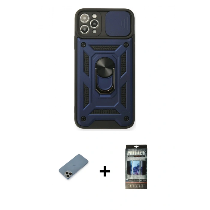 MARSİLYAN™- iPhone 11 Pro Max Kılıf Ahenk Klasik - Siyah 34D Hayalet Izgaralı Cam + Metal Kamera Lens Koruma Cam - GD