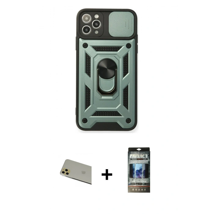 MARSİLYAN™- iPhone 11 Pro Max Kılıf Ahenk Klasik - Siyah 34D Hayalet Izgaralı Cam + Rainbow Kamera Lens Koruma Cam - GD