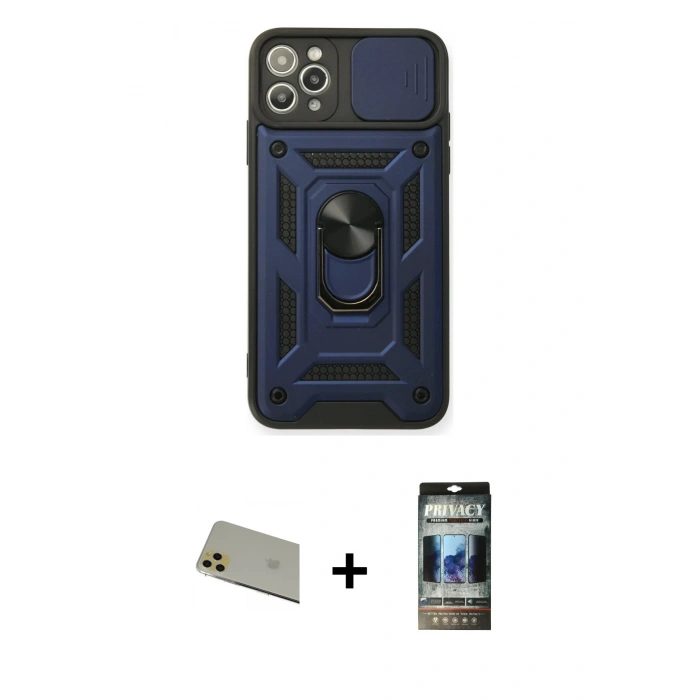 MARSİLYAN™- iPhone 11 Pro Max Kılıf Ahenk Klasik - Siyah 34D Hayalet Izgaralı Cam + Rainbow Kamera Lens Koruma Cam - GD