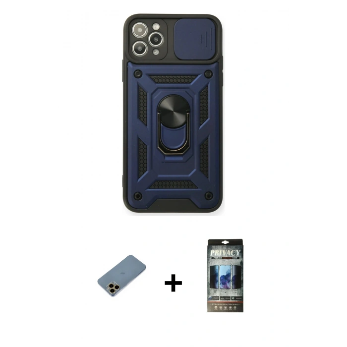 MARSİLYAN™- iPhone 11 Pro Max Kılıf Ahenk Klasik - Siyah 34D Hayalet Izgaralı Cam + Shine Kamera Lens Koruma Cam - GD