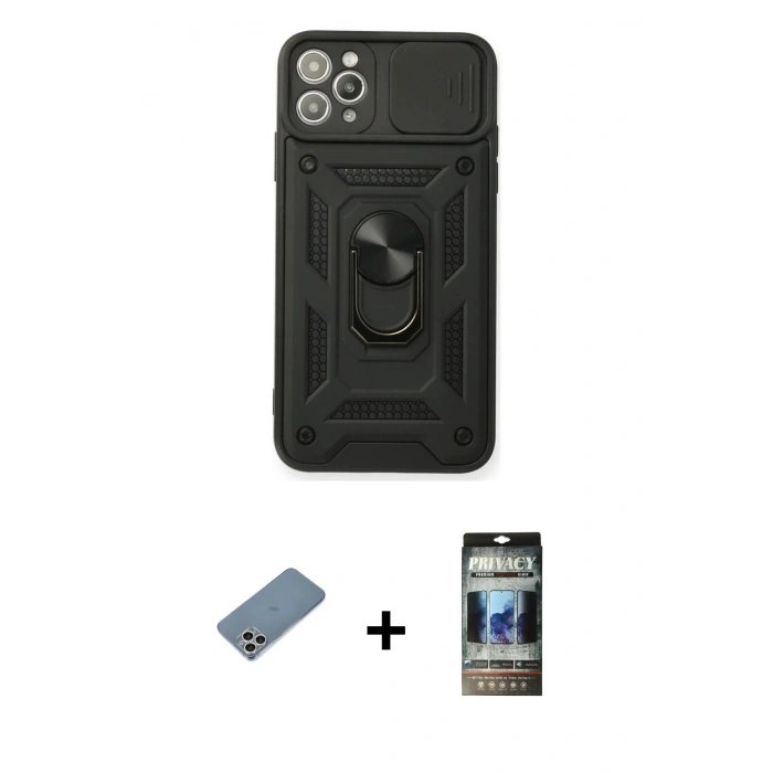 MARSİLYAN™- iPhone 11 Pro Max Kılıf Ahenk Klasik - Siyah 34D Hayalet Izgaralı Cam + Shine Kamera Lens Koruma Cam - GS