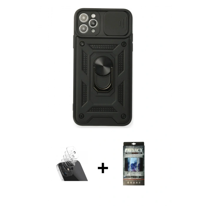 MARSİLYAN™- iPhone 11 Pro Max Kılıf Ahenk Klasik - Siyah 34D Hayalet Izgaralı Cam + Kamera Lens Koruma Cam - SF