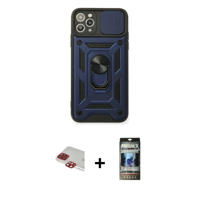 MARSİLYAN™- iPhone 11 Pro Max Kılıf Ahenk Klasik - Siyah 34D Hayalet Izgaralı Cam + Pers Alüminyum Kamera Lens - KI