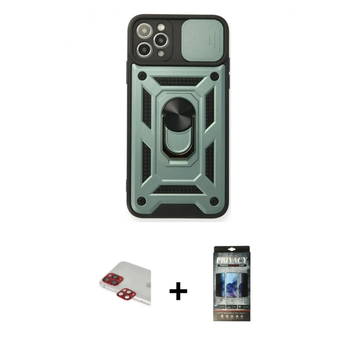 MARSİLYAN™- iPhone 11 Pro Max Kılıf Ahenk Klasik - Siyah 34D Hayalet Izgaralı Cam + Pers Alüminyum Kamera Lens - KI