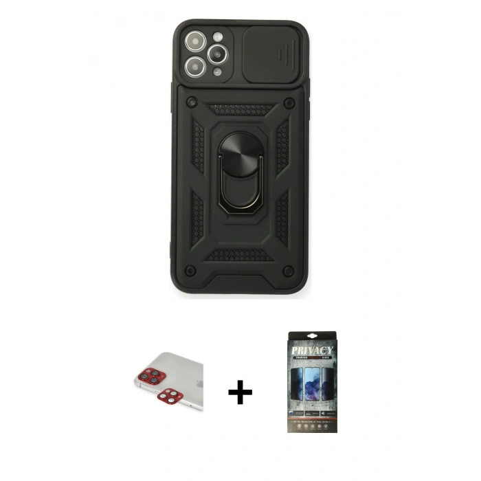 MARSİLYAN™- iPhone 11 Pro Max Kılıf Ahenk Klasik - Siyah 34D Hayalet Izgaralı Cam + Pers Alüminyum Kamera Lens - KI