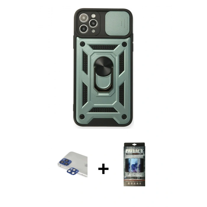 MARSİLYAN™- iPhone 11 Pro Max Kılıf Ahenk Klasik - Siyah 34D Hayalet Izgaralı Cam + Pers Alüminyum Kamera Lens - LT