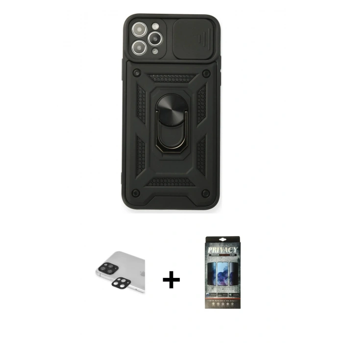 MARSİLYAN™- iPhone 11 Pro Max Kılıf Ahenk Klasik - Siyah 34D Hayalet Izgaralı Cam + Pers Alüminyum Kamera Lens - SH