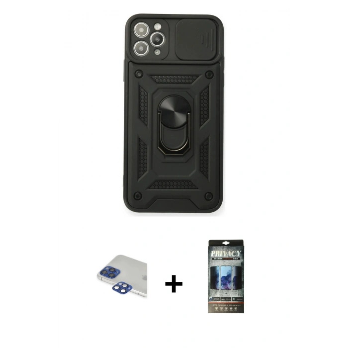MARSİLYAN™- iPhone 11 Pro Max Kılıf Ahenk Klasik - Siyah 34D Hayalet Izgaralı Cam + Pers Alüminyum Kamera Lens - LT