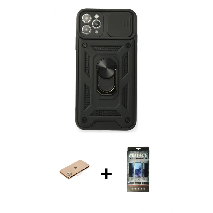 MARSİLYAN™- iPhone 11 Pro Max Kılıf Ahenk Klasik - Siyah 34D Hayalet Izgaralı Cam + Renkli Kamera Lens Koruma Cam - TU