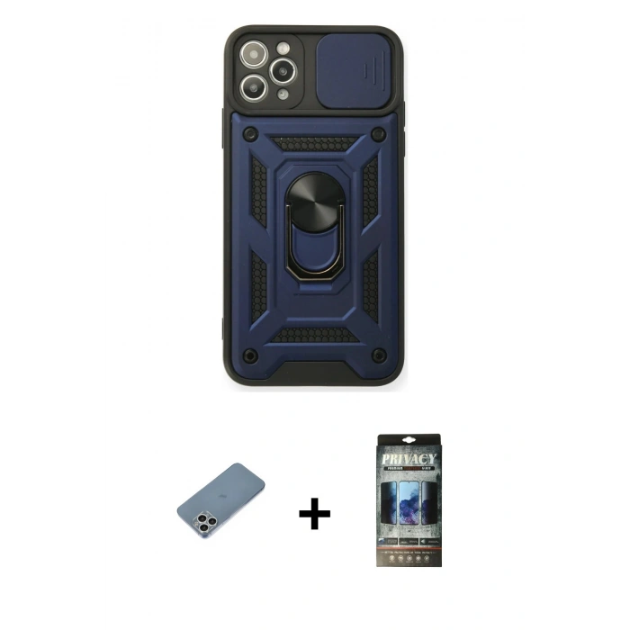 MARSİLYAN™- iPhone 11 Pro Max Kılıf Ahenk Klasik - Siyah 34D Hayalet Izgaralı Cam + Shine Kamera Lens Koruma Cam - GS
