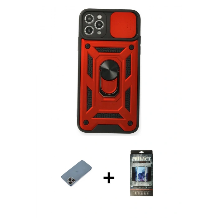 MARSİLYAN™- iPhone 11 Pro Max Kılıf Ahenk Klasik - Siyah 34D Hayalet Izgaralı Cam + Shine Kamera Lens Koruma Cam - GI