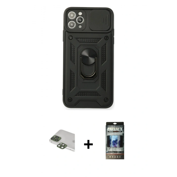 MARSİLYAN™- iPhone 11 Pro Max Kılıf Ahenk Klasik - Siyah 34D Hayalet Izgaralı Cam + Pers Alüminyum Kamera Lens - YL