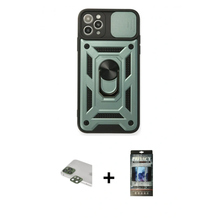 MARSİLYAN™- iPhone 11 Pro Max Kılıf Ahenk Klasik - Siyah 34D Hayalet Izgaralı Cam + Pers Alüminyum Kamera Lens - YL