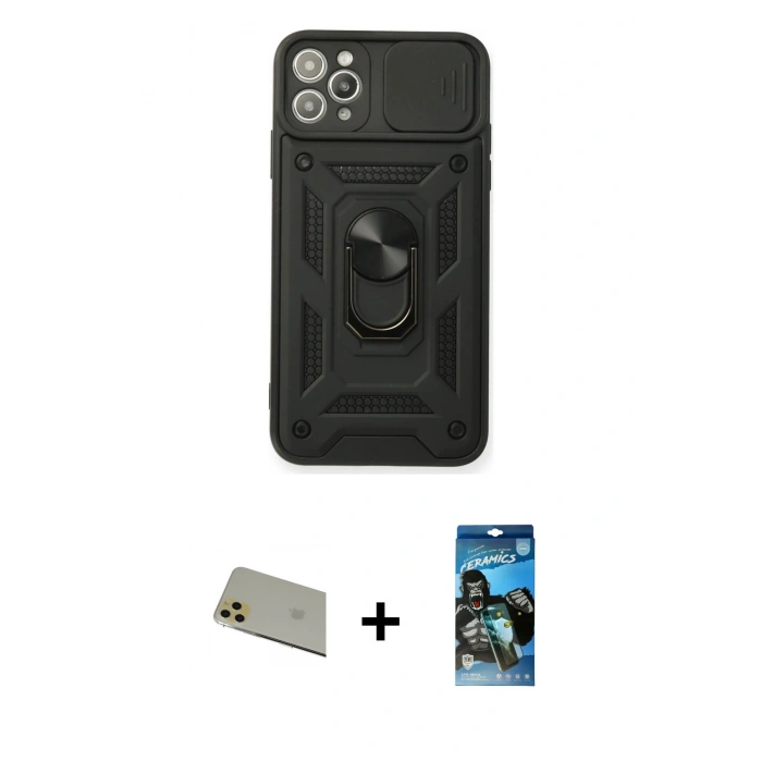 MARSİLYAN™- iPhone 11 Pro Max Kılıf Ahenk Klasik - Siyah 34D Izgaralı Cam + Rainbow Kamera Lens Koruma Cam - GD