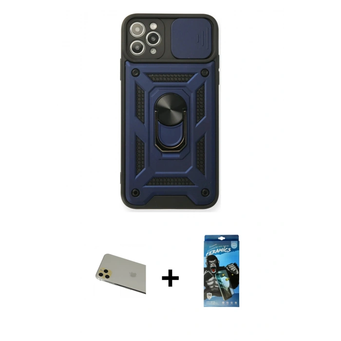 MARSİLYAN™- iPhone 11 Pro Max Kılıf Ahenk Klasik - Siyah 34D Izgaralı Cam + Rainbow Kamera Lens Koruma Cam - GD