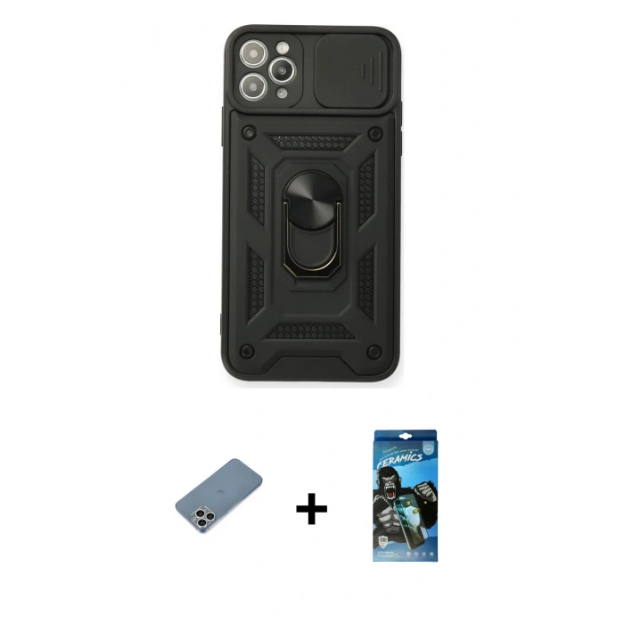 MARSİLYAN™- iPhone 11 Pro Max Kılıf Ahenk Klasik - Siyah 34D Izgaralı Cam + Shine Kamera Lens Koruma Cam - GS